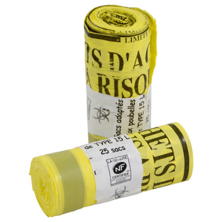 Sacs déchets médicaux "DASRI" 19 μm jaune 15 L - Rouleau de 25 sacs